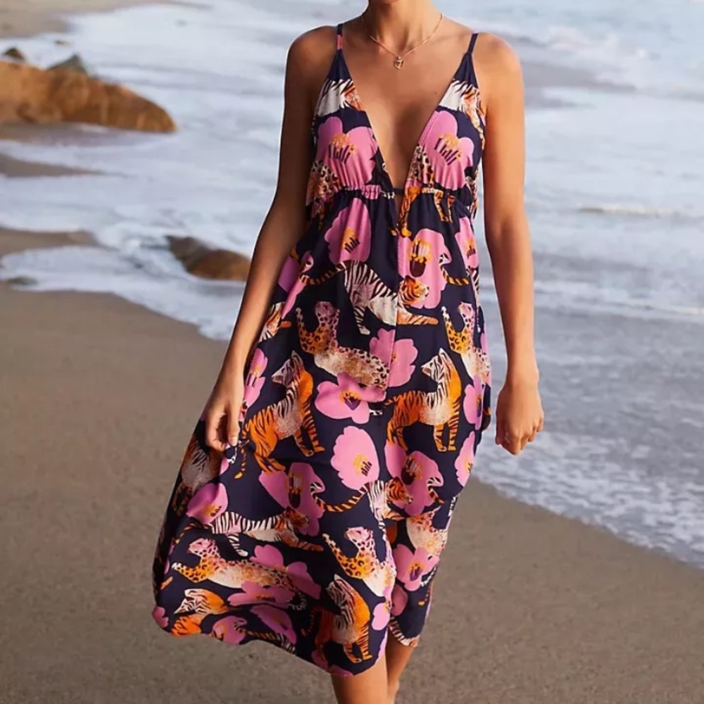 Anthropologie by Claire Colin Wildlife Midi Dress XS Petite